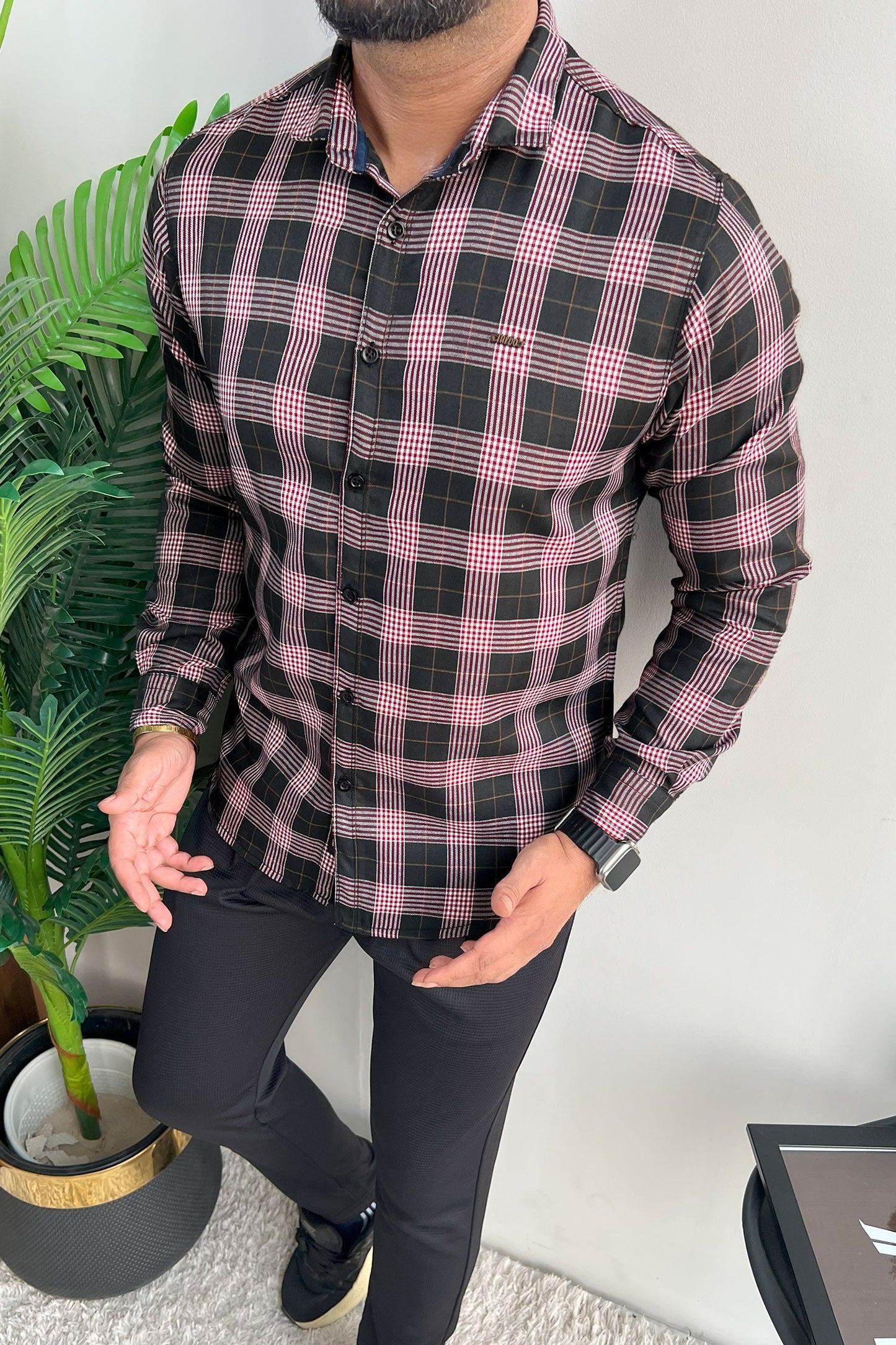 Turbo Plaid Pattern Creation Long Sleeve Cotton Casual Shirt In Black