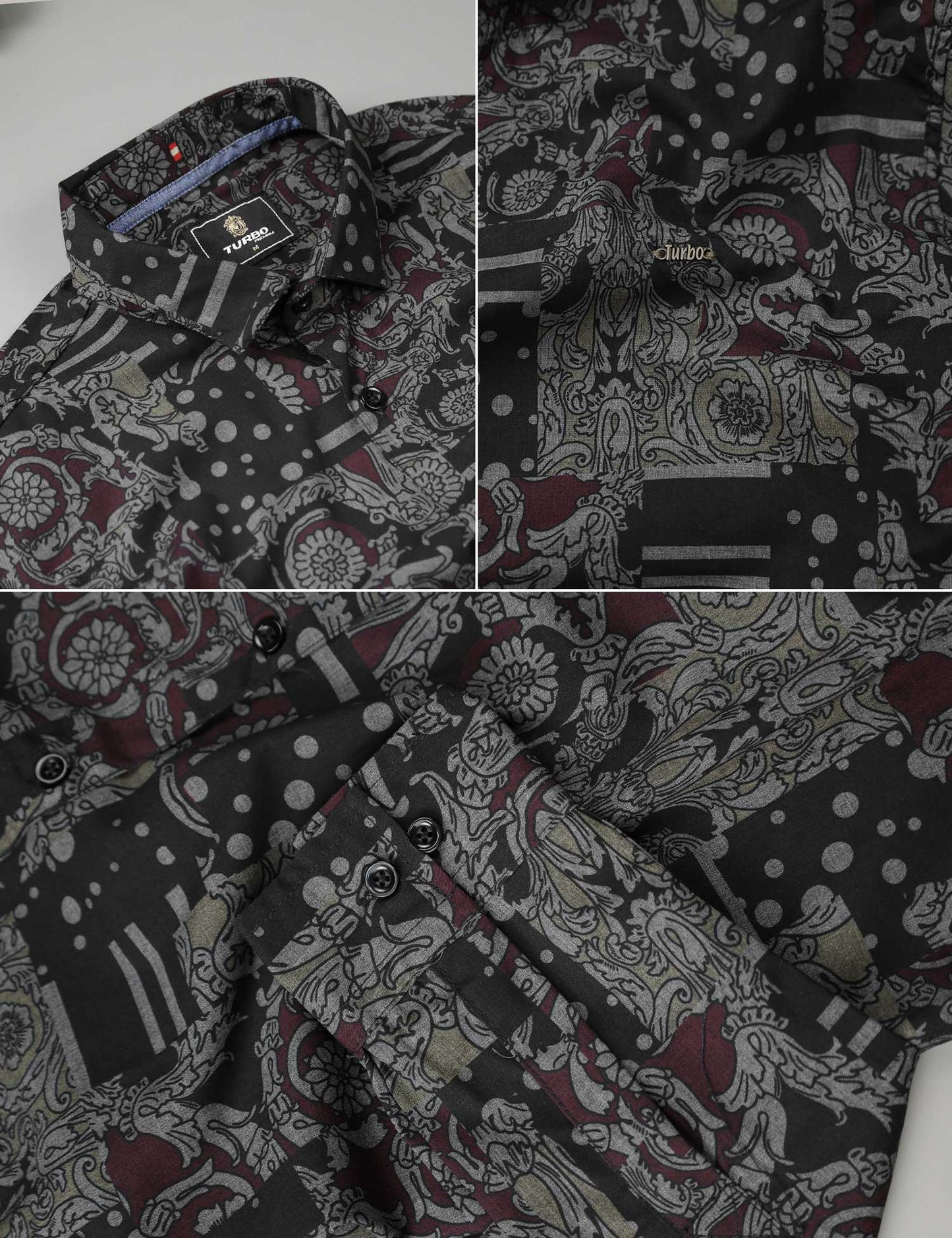 Turbo Retro Flower Motif Long Sleeve Cotton Casual Shirt In Black