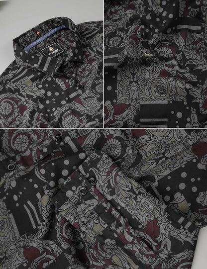 Turbo Retro Flower Motif Long Sleeve Cotton Casual Shirt In Black