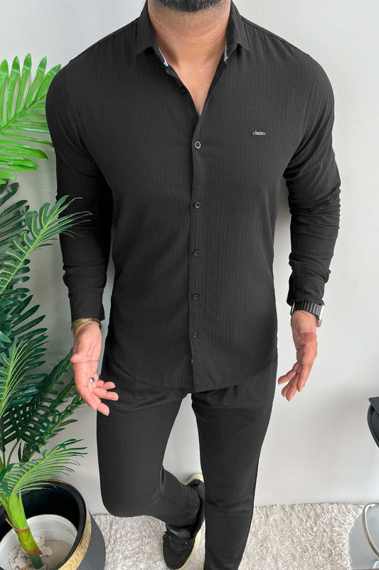 Turbo Organic MonoChromatic Long Sleeve Cotton Casual Shirt in Black