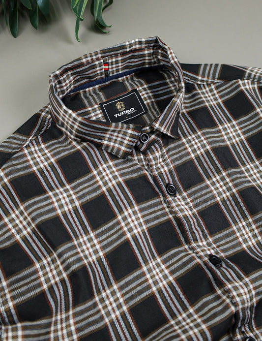 Turbo Tattersall Checkered Long Sleeve Cotton Casual Shirt In Black