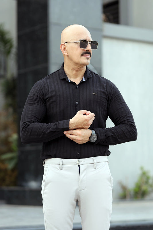 Turbo Self Stripe Motif Long Sleeve Cotton Casual Shirt