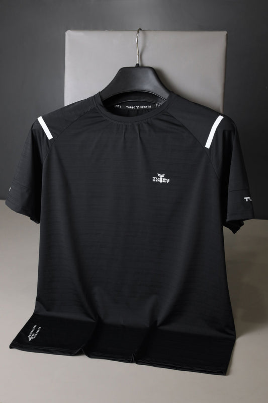 Turbo Sport Shoulder Striped Breathable Dry-Fit Tee In Black