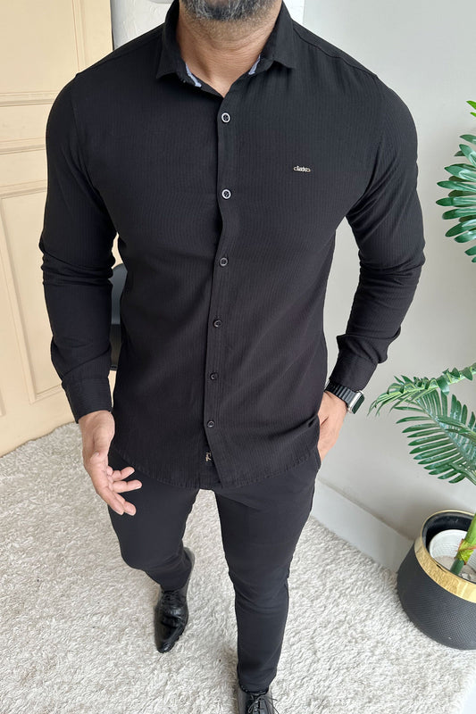 Turbo Self Lining Long Sleeve Cotton Casual Shirt In Black