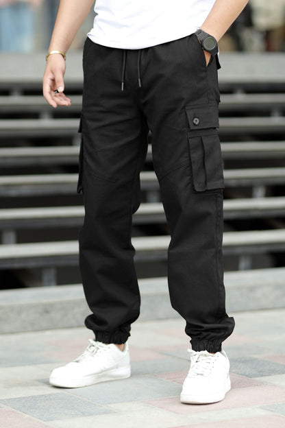 Turbo 6 Pockets Premium Cotton Gabardine Cargo Trouser In Black