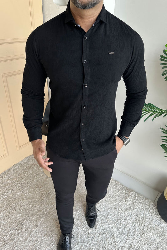 Turbo Vintage Patterend Long Sleeve Cotton Casual Shirt In Black