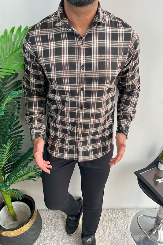 Turbo Tattersall Checkered Long Sleeve Cotton Casual Shirt In Black