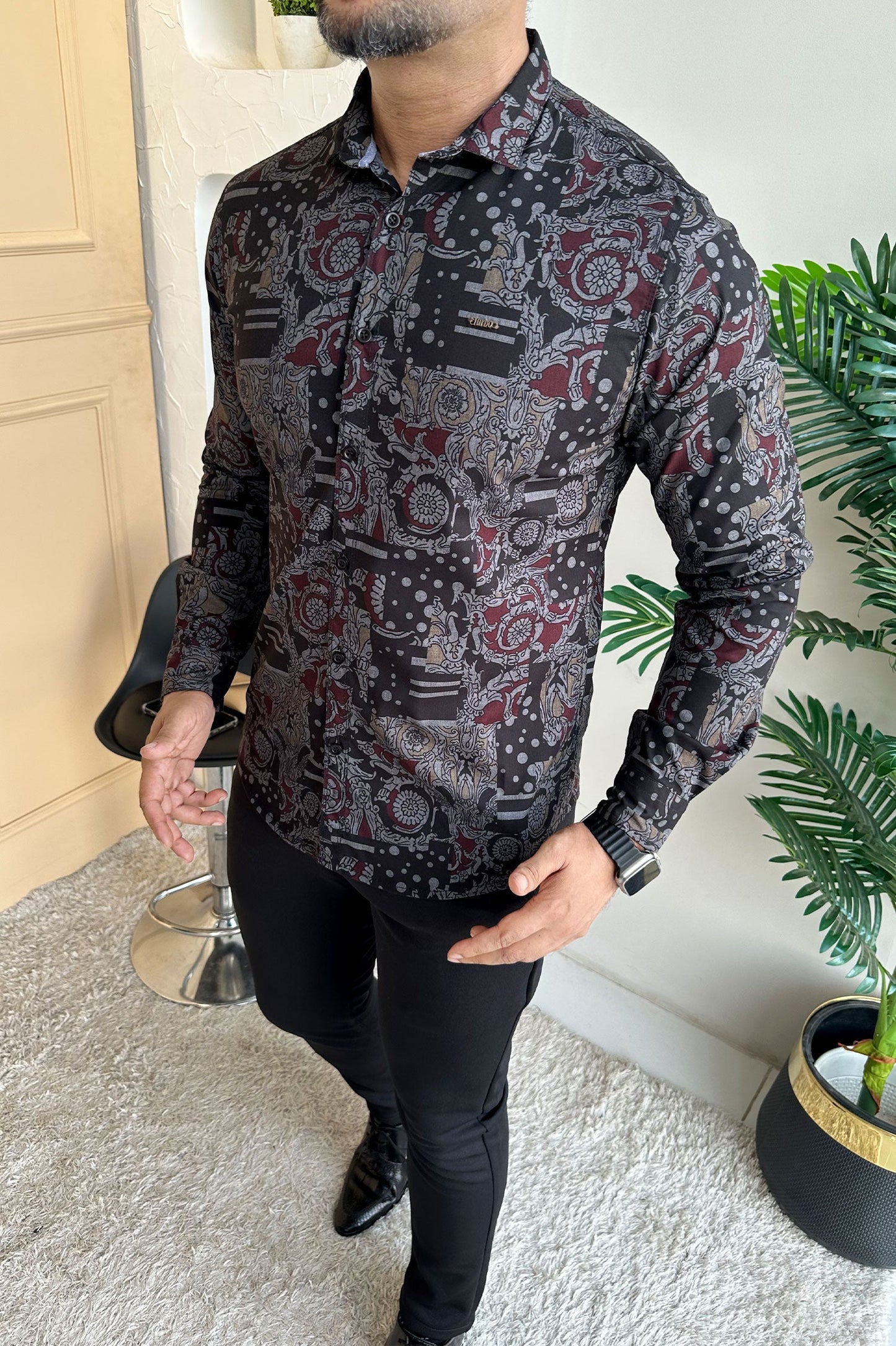 Turbo Retro Flower Motif Long Sleeve Cotton Casual Shirt In Black