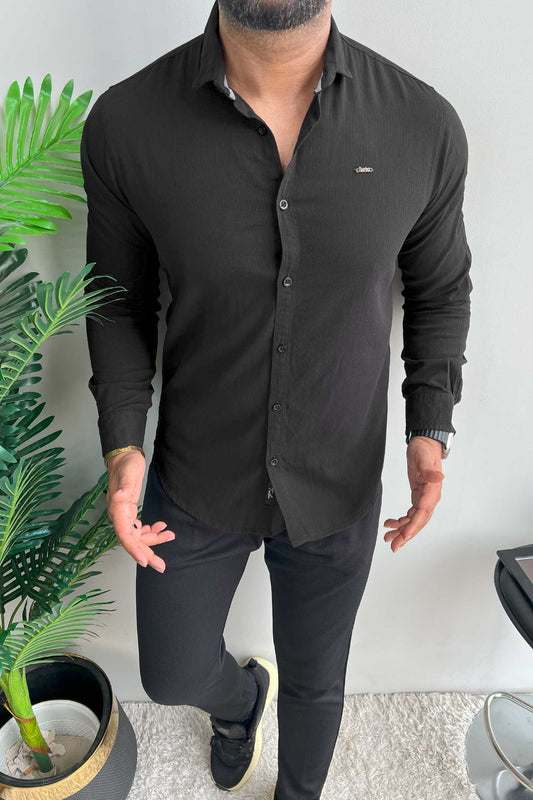 Turbo Self Lining Long Sleeve Cotton Casual Shirt In Black