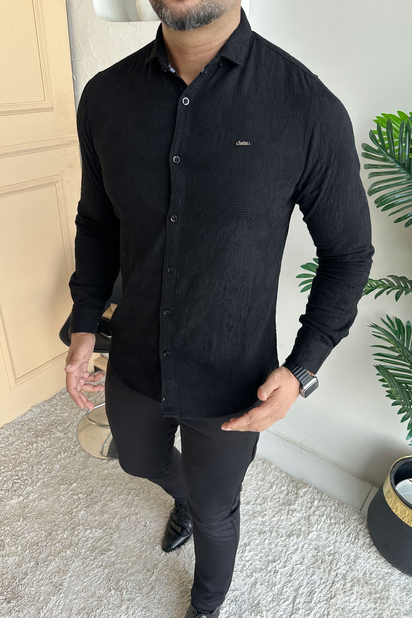 Turbo Vintage Patterend Long Sleeve Cotton Casual Shirt In Black