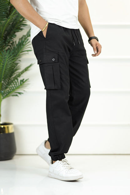 Turbo 6 Pockets Premium Cotton Gabardine Cargo Trouser In Black