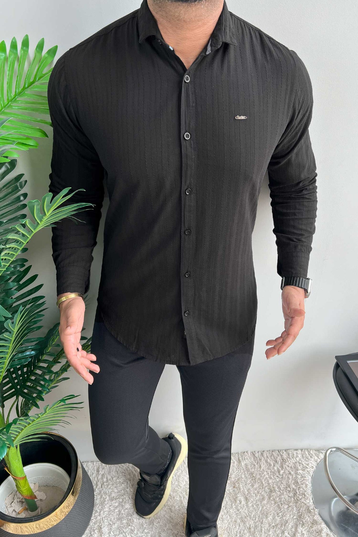 Turbo Billy Textured Knit Long Sleeve Cotton Casual Shirt In Black