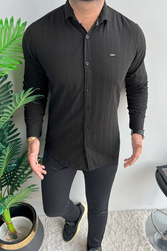 Turbo Billy Textured Knit Long Sleeve Cotton Casual Shirt In Black