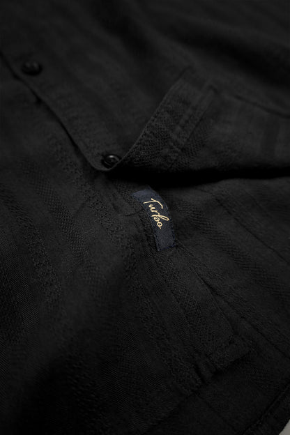 Turbo Self Stripe Motif Long Sleeve Cotton Casual Shirt In Black