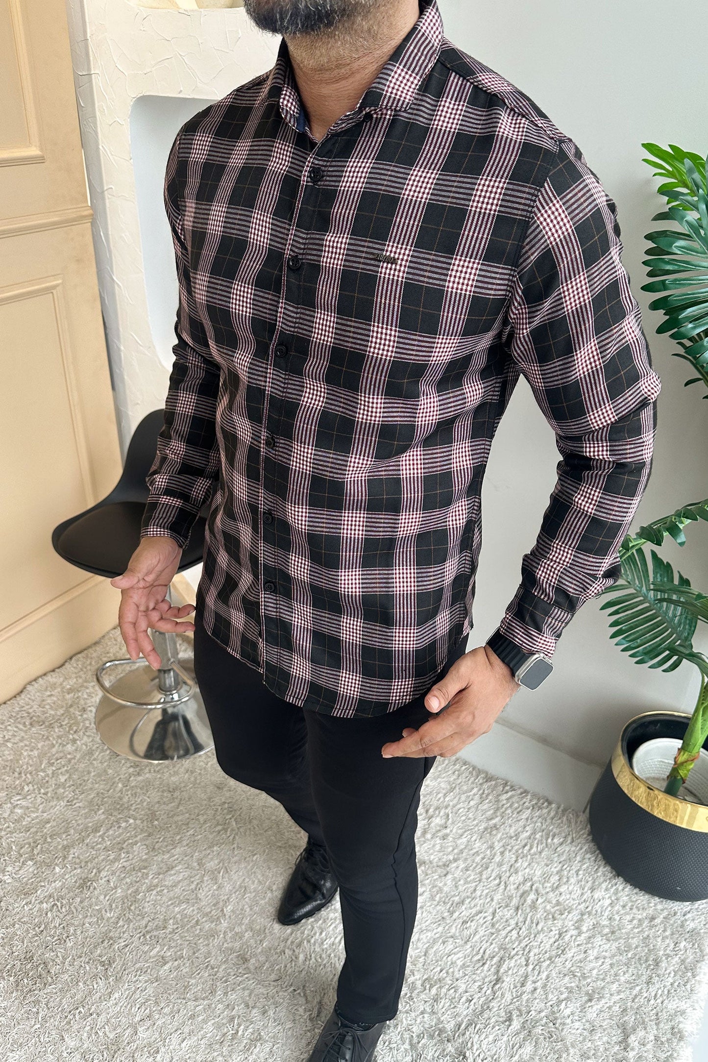 Turbo Plaid Pattern Creation Long Sleeve Cotton Casual Shirt In Black