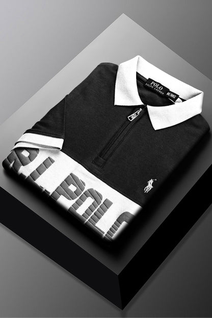 Rph Lren Classic Short Striped Zip Style Men's Polo Shirt In Black