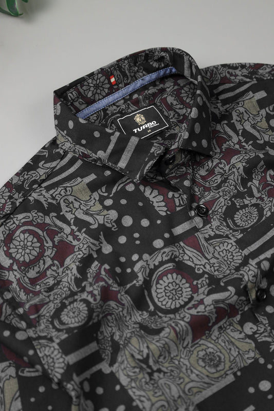Turbo Retro Flower Motif Long Sleeve Cotton Casual Shirt In Black
