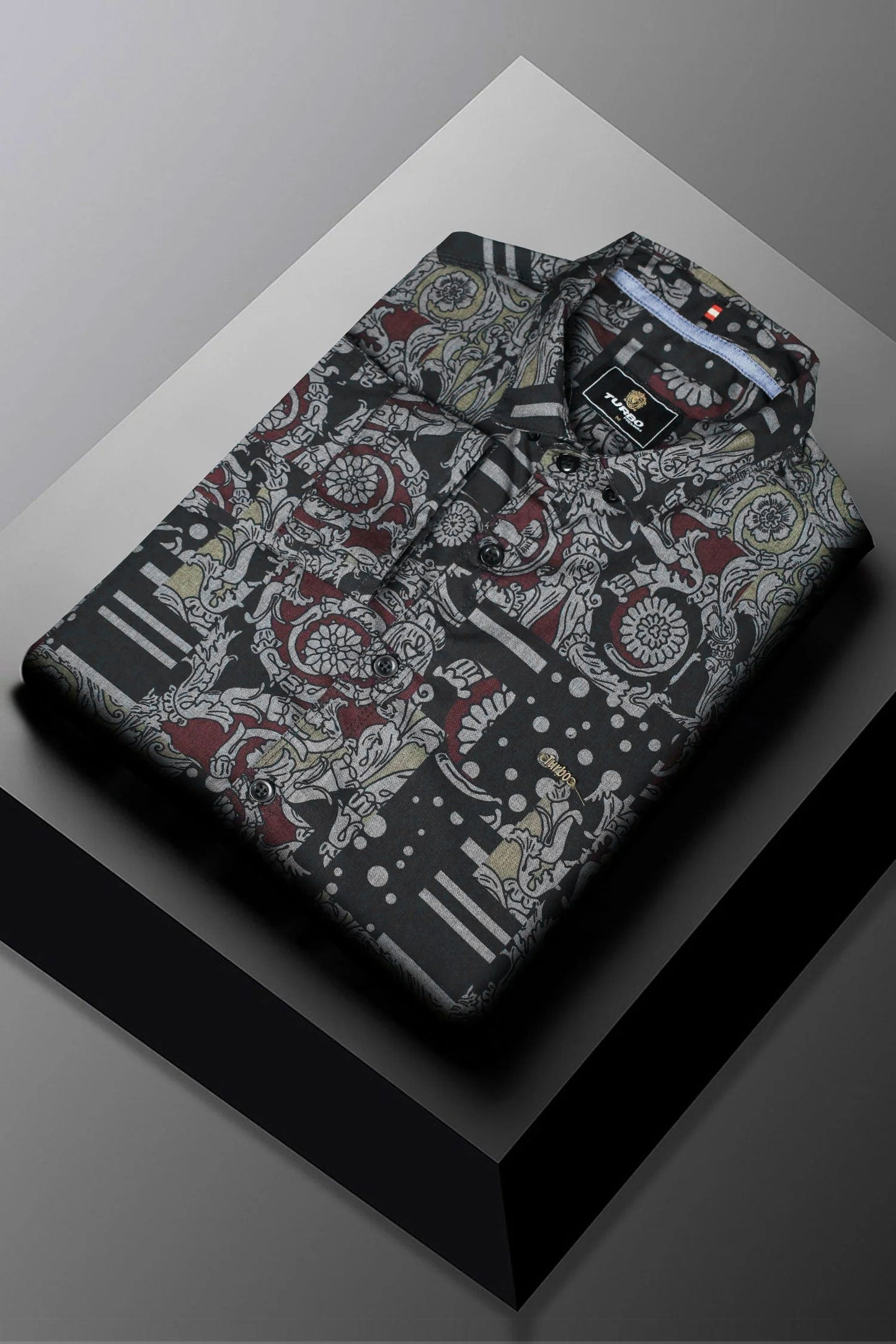 Turbo Retro Flower Motif Long Sleeve Cotton Casual Shirt In Black