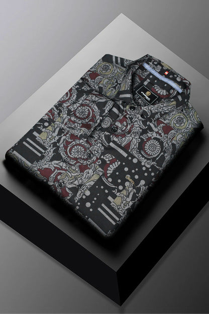 Turbo Retro Flower Motif Long Sleeve Cotton Casual Shirt In Black