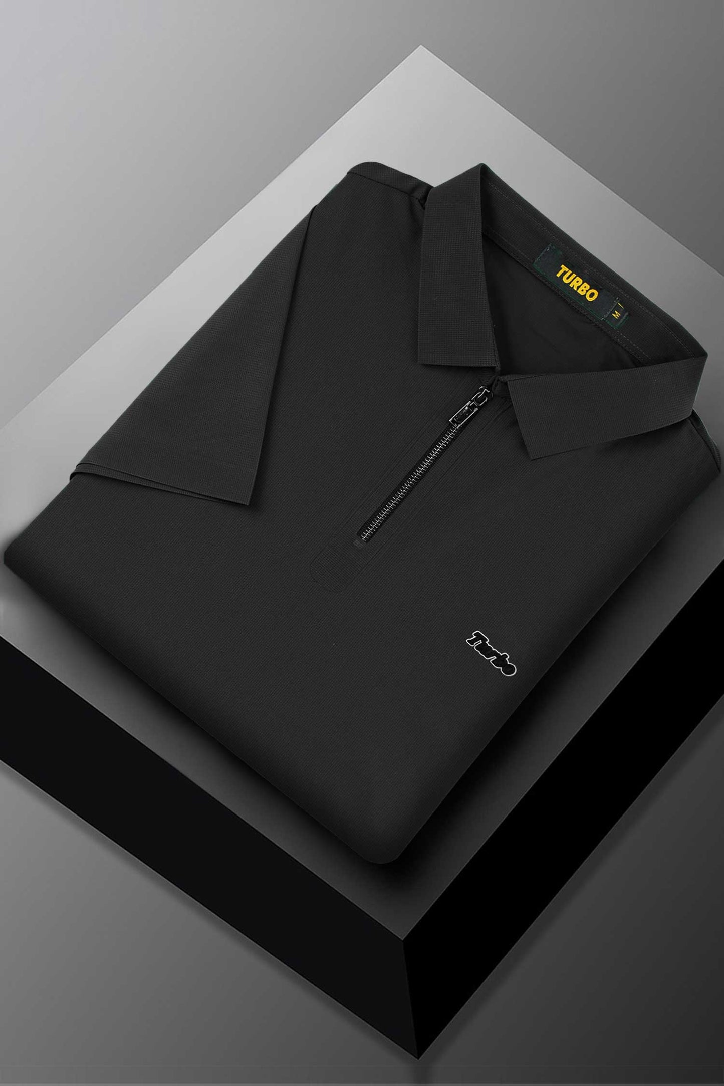 Turbo Signature Script Zip-Placket Men's Polo Shirt In Black