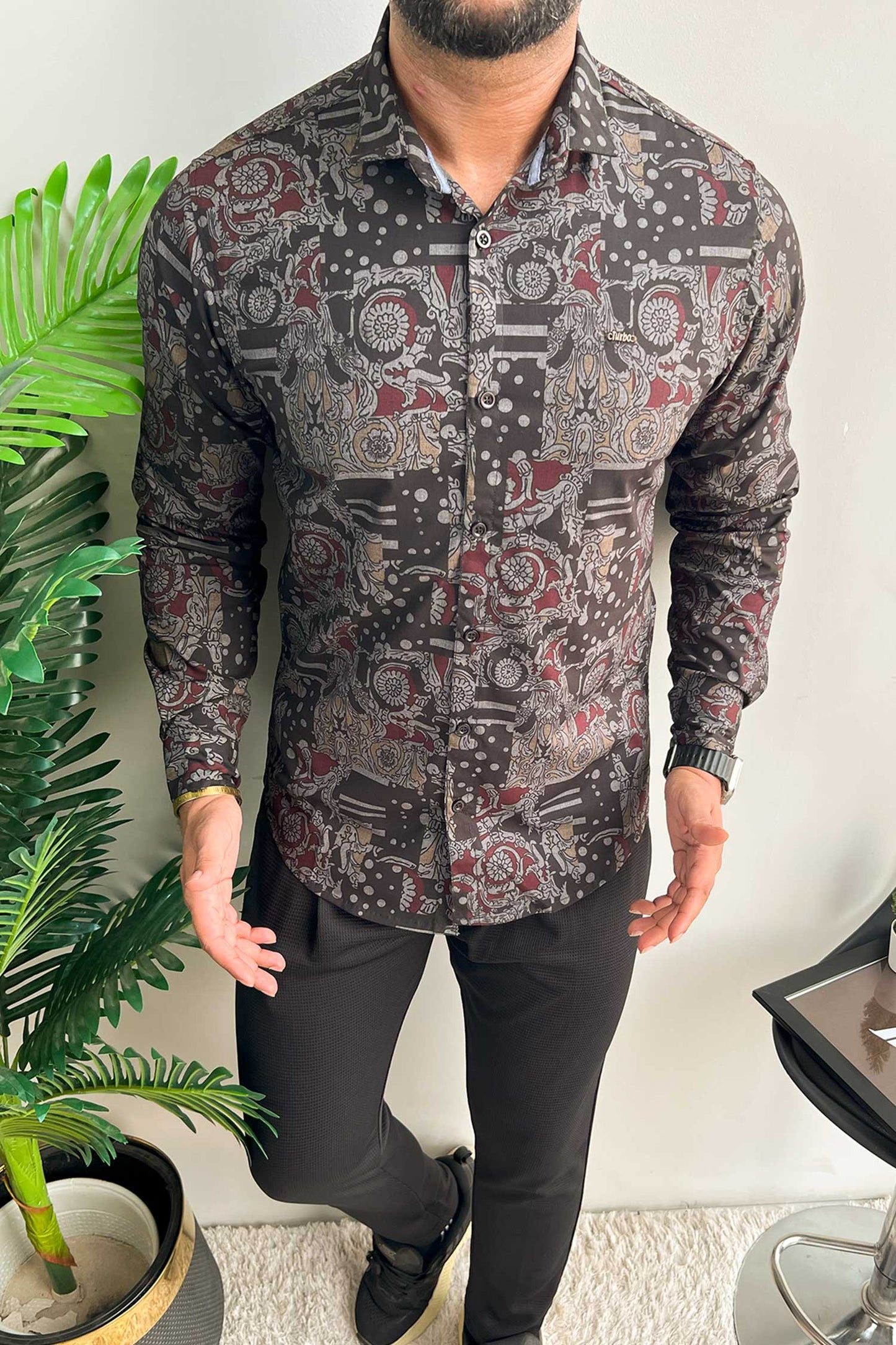 Turbo Retro Flower Motif Long Sleeve Cotton Casual Shirt