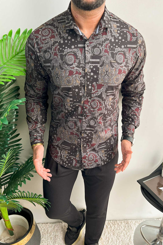 Turbo Retro Flower Motif Long Sleeve Cotton Casual Shirt In Black