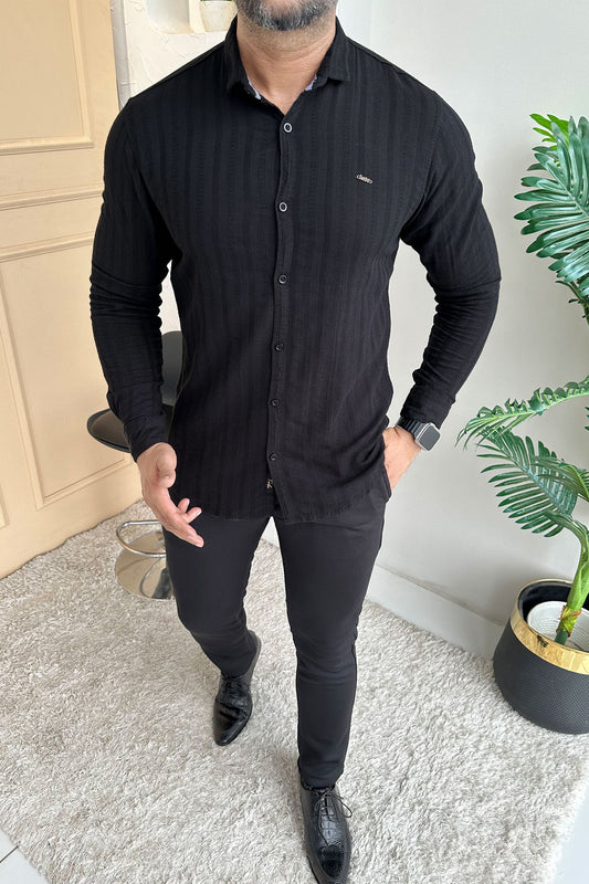 Turbo Self Stripe Motif Long Sleeve Cotton Casual Shirt In Black
