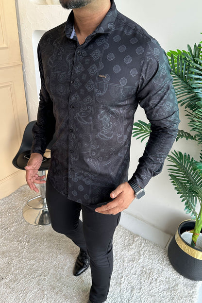Turbo Splash Printed Long Sleeve Cotton Casual Shirt In Black