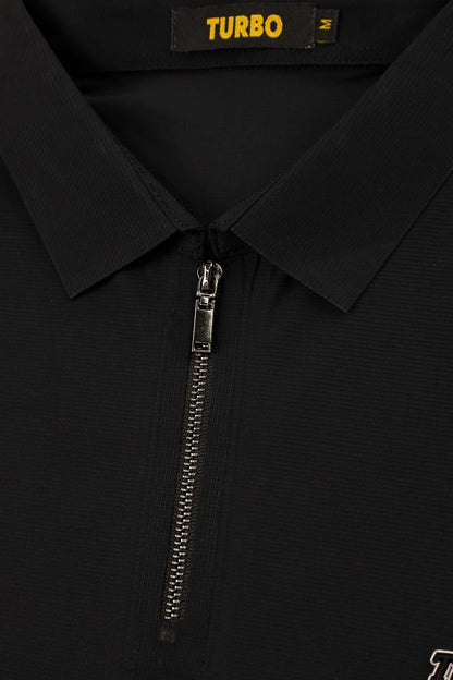 Turbo Signature Script Zip-Placket Men's Polo Shirt In Black