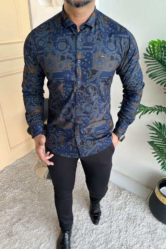Turbo Retro Flower Motif Long Sleeve Cotton Casual Shirt In Blue