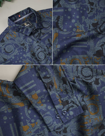 Turbo Retro Flower Motif Long Sleeve Cotton Casual Shirt In Blue
