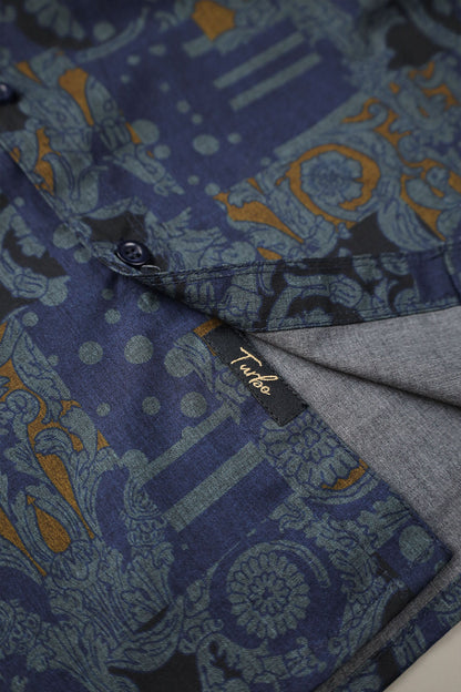 Turbo Retro Flower Motif Long Sleeve Cotton Casual Shirt In Blue