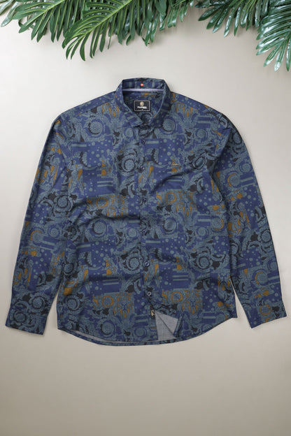 Turbo Retro Flower Motif Long Sleeve Cotton Casual Shirt In Blue