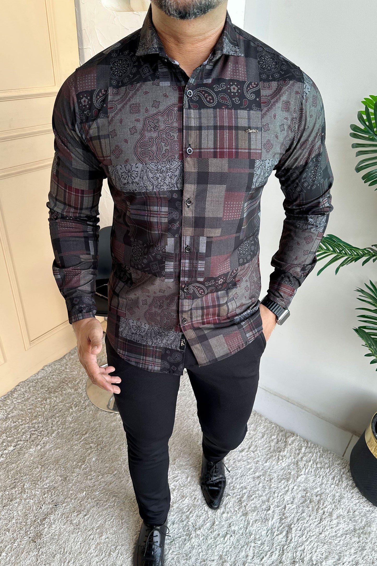 Turbo Checkered Crown Long Sleeve Cotton Casual Shirt In Charcoal Black