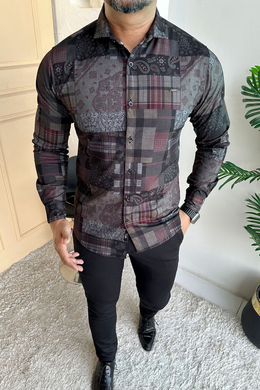 Turbo Checkered Crown Long Sleeve Cotton Casual Shirt In Charcoal Black