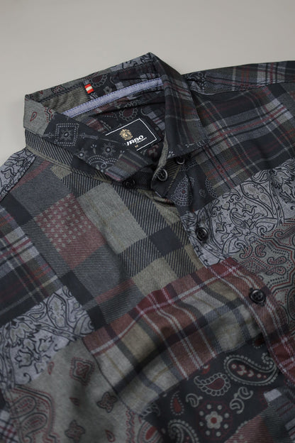 Turbo Checkered Crown Long Sleeve Cotton Casual Shirt In Charcoal Black