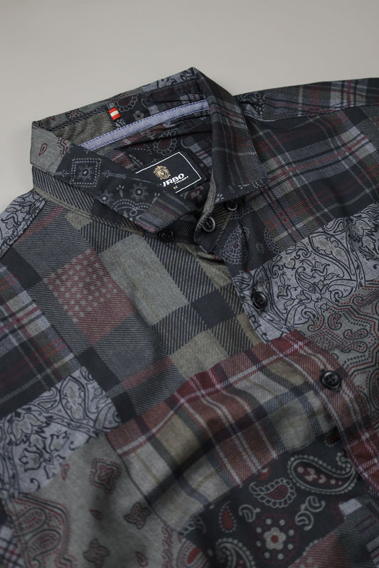 Turbo Checkered Crown Long Sleeve Cotton Casual Shirt In Charcoal Black