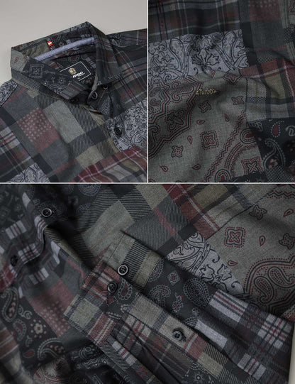 Turbo Checkered Crown Long Sleeve Cotton Casual Shirt In Charcoal Black