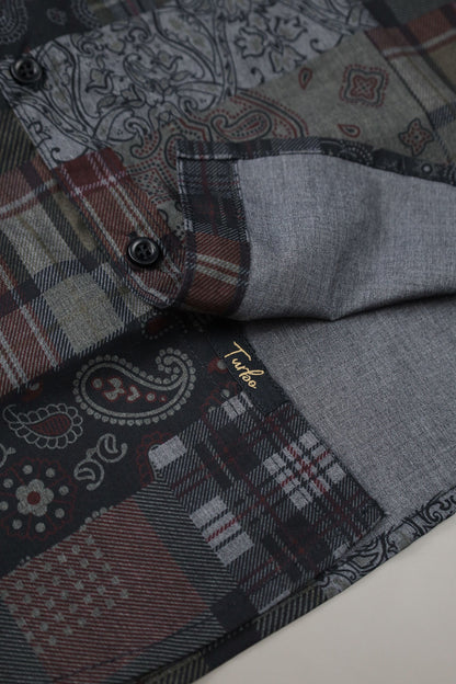 Turbo Checkered Crown Long Sleeve Cotton Casual Shirt In Charcoal Black