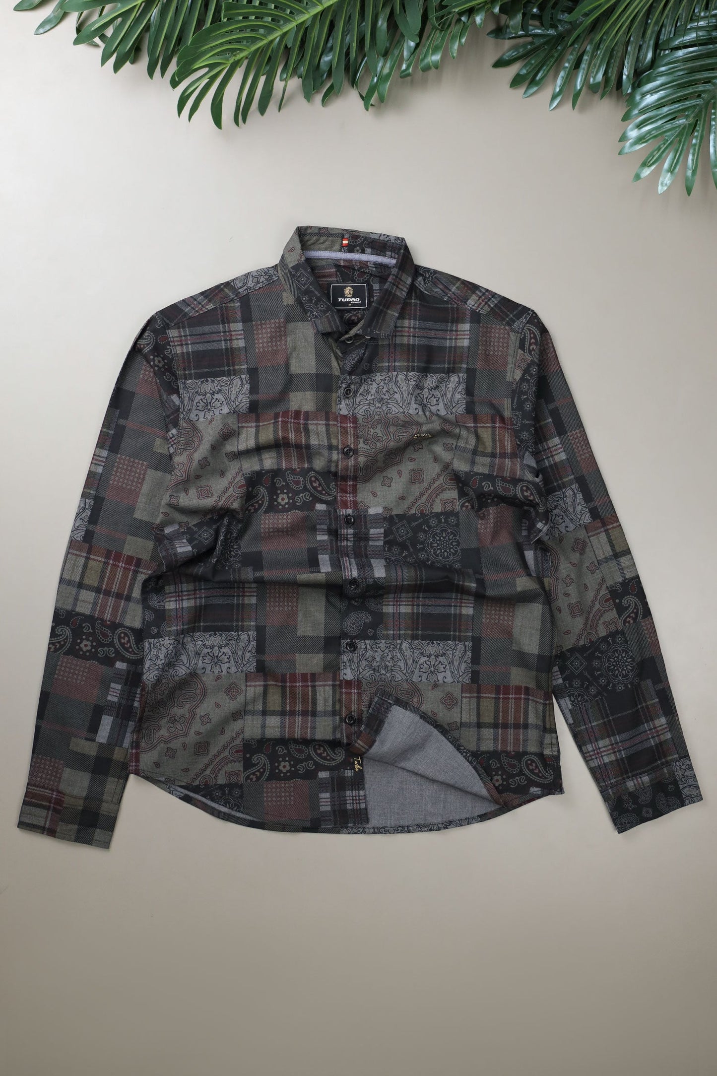 Turbo Checkered Crown Long Sleeve Cotton Casual Shirt In Charcoal Black