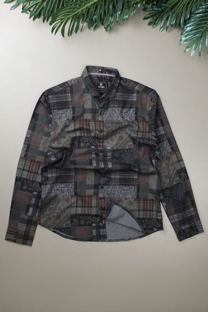 Turbo Checkered Crown Long Sleeve Cotton Casual Shirt In Charcoal Black