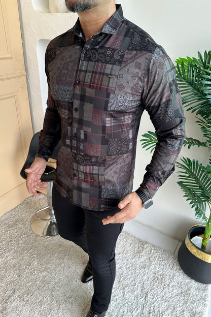Turbo Checkered Crown Long Sleeve Cotton Casual Shirt In Charcoal Black