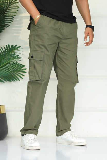 Turbo's 6 Pockets Loose Bottom Cargo Trouser In Olive Green