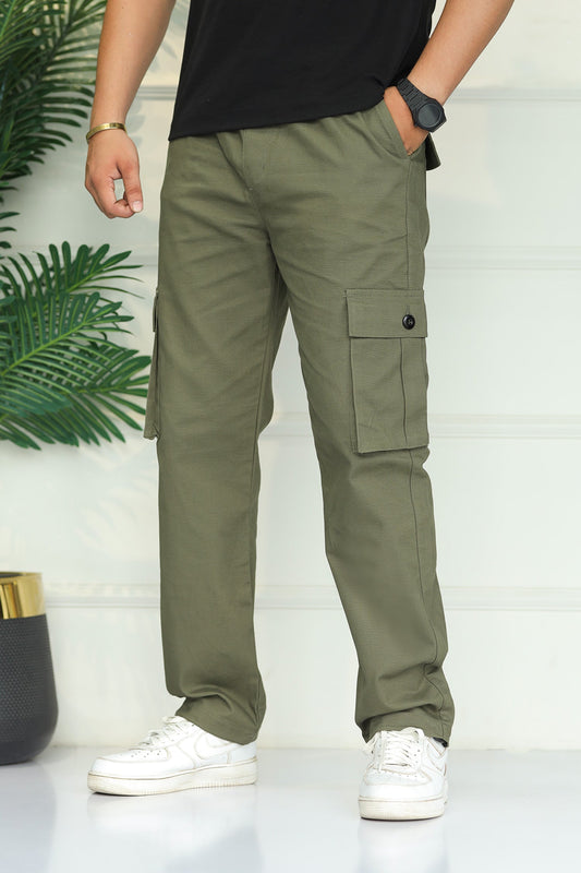 Turbo's 6 Pockets Loose Bottom Cargo Trouser In Olive Green