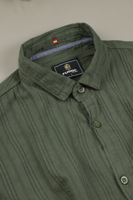 Turbo Self Stripe Motif Long Sleeve Cotton Casual Shirt In Camo Green