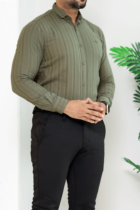 Turbo Self Stripe Motif Long Sleeve Cotton Casual Shirt In Camo Green
