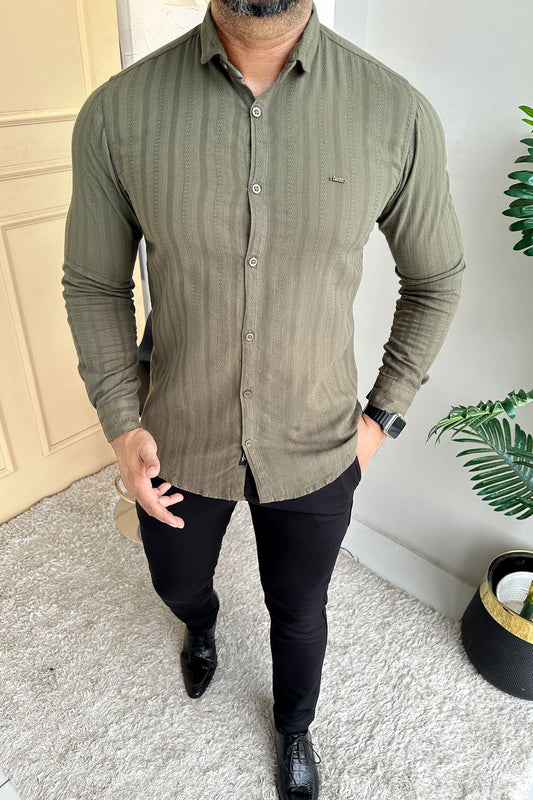 Turbo Self Stripe Motif Long Sleeve Cotton Casual Shirt In Camo Green