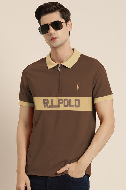 Rph Lren Classic Short Striped Zip Style Men's Polo Shirt In Choclate