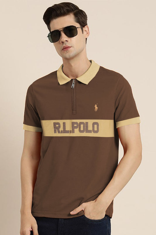 Rph Lren Classic Short Striped Zip Style Men's Polo Shirt In Choclate