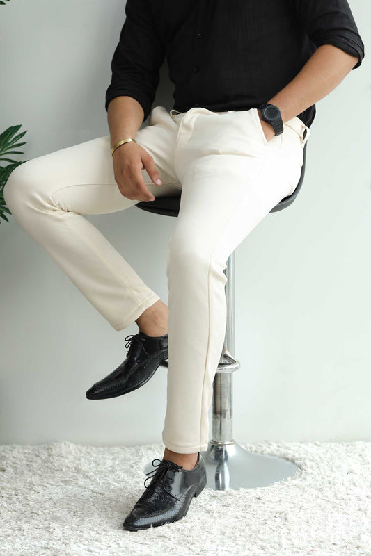 Elegant Self Texture Knitted Cotton Ankle fit Pant In Creem